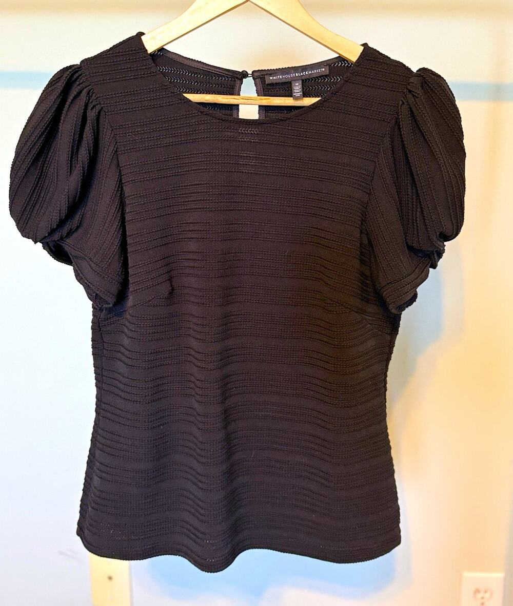 White House Black Market Women's Black Textured Puff Sleeve Round Neck Blouse M
